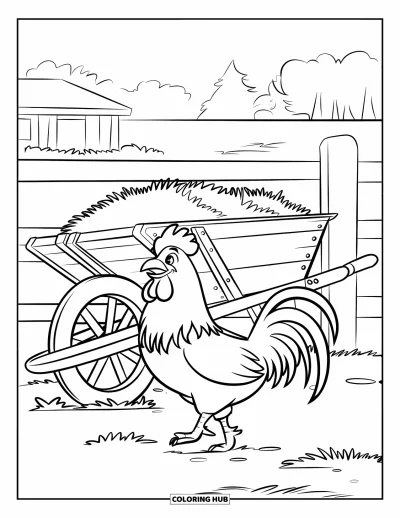 Coloriage de poulet pour enfants : Un coq qui passe devant une brouette remplie de foin dans un champ paisible