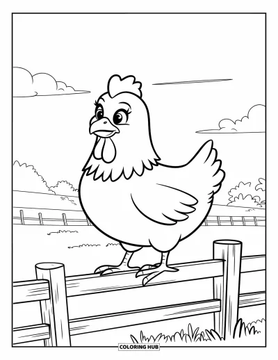 Coloriage de poulet pour enfants : Un poulet rond sur une clôture en bois avec une vue paisible sur la campagne