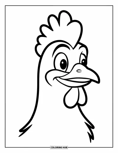 Coloriage de poulet pour enfants : Une simple tête de poulet aux grands yeux qui regarde vers la droite