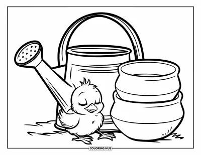 Coloriage de poulet pour enfants : Un poussin endormi blotti contre un arrosoir et des pots en terre cuite