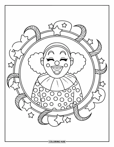 Coloriage de clowns pour adultes : Un clowns pétillant rit au cœur de mandalas en boucles remplis d'étoiles et de rubans