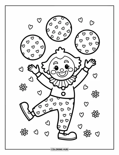 Coloriage de clowns pour adultes : Un clowns jovial tient en équilibre sur un pied en jonglant avec des balles à motifs