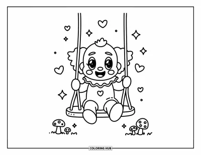Coloriage de clowns pour adultes : Un clowns souriant se balance sur une balançoire avec des étincelles espièglees et de petits champignons autour