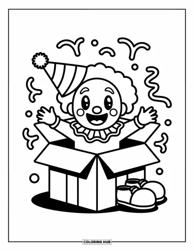 Coloriage de clowns pour adultes : Un clowns bondit d'une boîte cadeau avec des serpentins et d'immenses chaussures qui en sortent