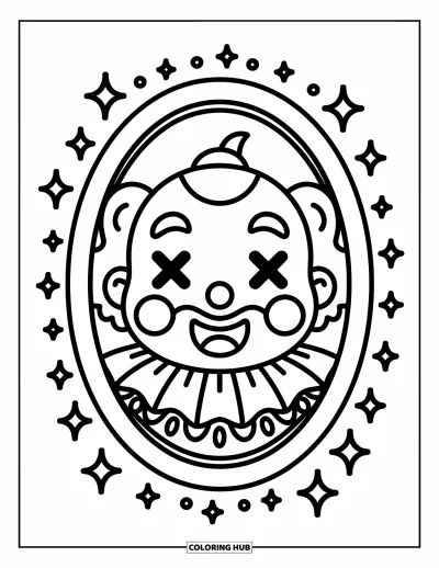 Coloriage de clowns pour adultes : Un clowns fait une grimace dans un miroir ovale entouré d'étoiles et d'étincelles