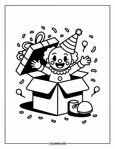 Coloriage de clowns pour adultes : Un clowns surgit d'un cadeau avec un chapeau de fête en souriant tandis que des confettis volettent autour