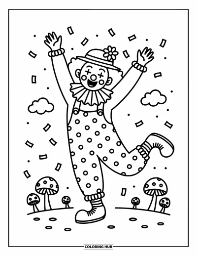 Coloriage de clowns pour adultes : Un clowns tourbillonne en dansant avec un chapeau fleuri et de petits nuages flottants autour