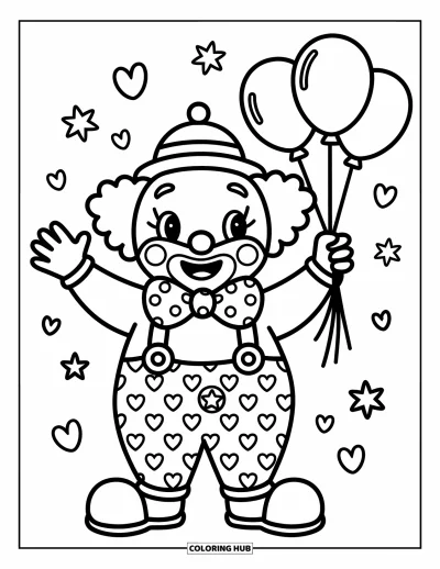 Coloriage de clowns pour adultes : Un clowns agite une main en tenant des fils de ballons de l'autre