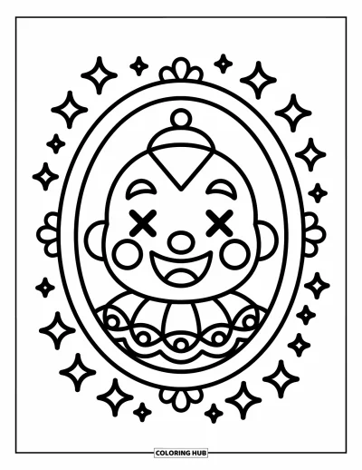 Coloriage de clowns pour adultes : L'expression loufoque d'un clowns remplit un miroir encadré avec des étoiles scintillantes alentour