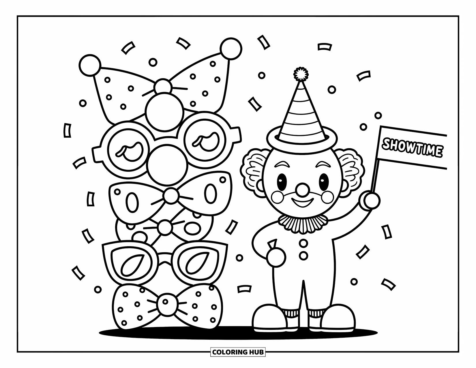 Clown Coloring Page for Adults: A cute clown shows off party props under falling confetti in a playful scene