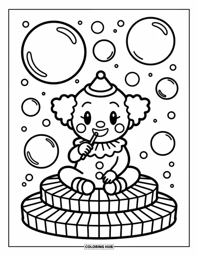 Coloriage de clowns pour adultes : Un adorable clowns assis souffle des bulles, entouré de cœurs et d'étoiles flottants