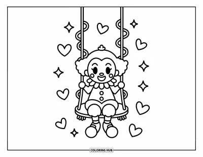 Coloriage de clowns pour adultes : Un adorable clowns se balance doucement sur une balançoire à ruban entouré de cœurs flottants