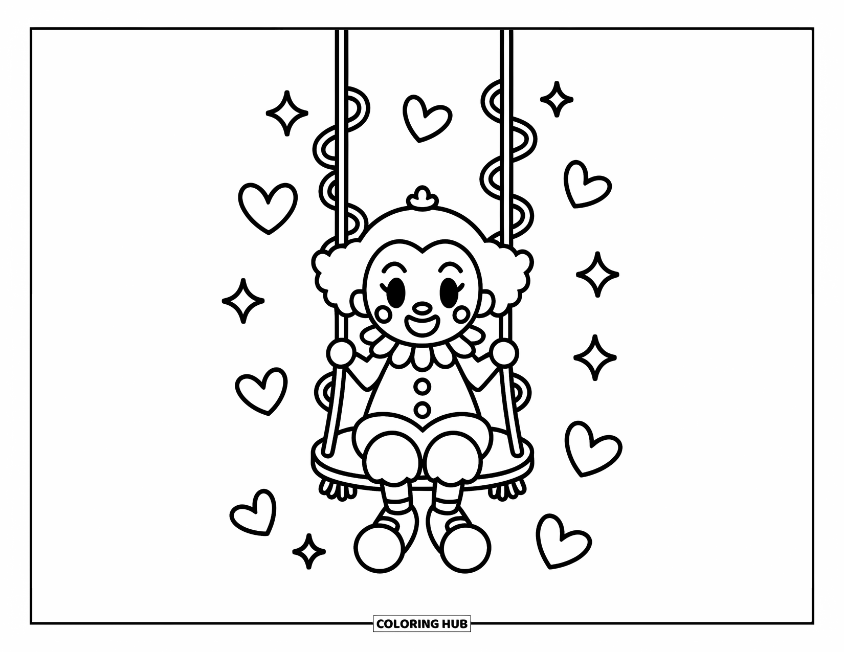 Clown Coloring Page for Adults: A cute clown sways gently on a ribbon swing surrounded by floating hearts