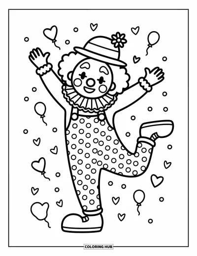 Coloriage de clowns pour adultes : Un clowns dansant lève une jambe tandis que des confettis virevoltent dans l'air