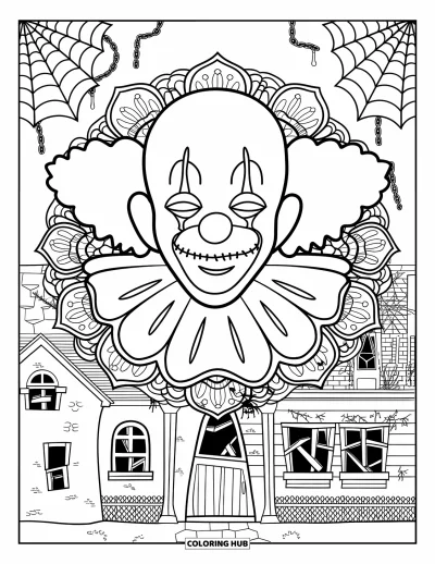 Coloriage de clowns pour adultes : Un clowns fantomatique aux lèvres silencieuses hante un manoir enveloppé de mandalas et de chaînes