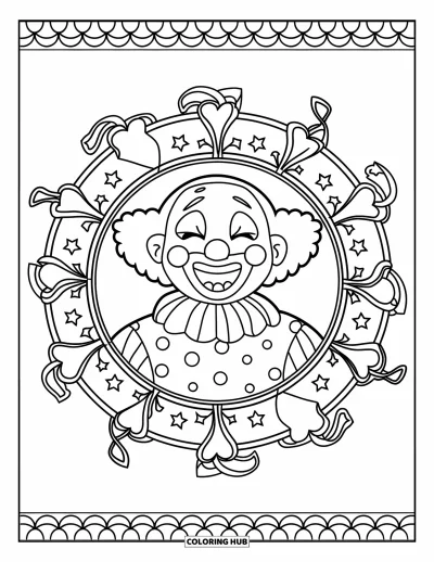 Coloriage de clowns pour adultes : Un clowns rieur aux joues rebondies est entouré d'étoiles et de mandalas ornés de rubans