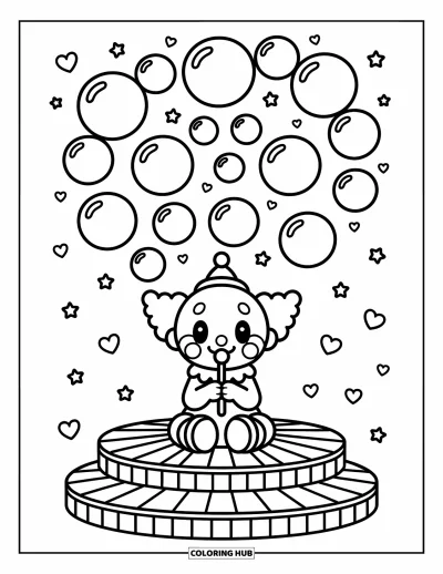 Coloriage de clowns pour adultes : Un clowns heureux souffle des bulles avec une baguette en remplissant l'air de gaieté