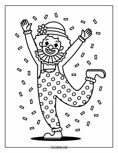 Coloriage de clowns pour adultes : Un clowns joyeux danse avec des confettis, vêtu d'une salopette à volants et d'un chapeau fleuri