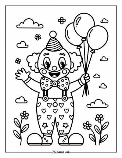 Coloriage de clowns pour adultes : Un clowns heureux fait signe d'une main et serre de mignons ballons de l'autre