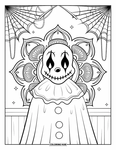 Coloriage de clowns pour adultes : Un clowns envoûtant aux lèvres cousues est encadré de toiles d'araignées et de délicats pétales de mandala