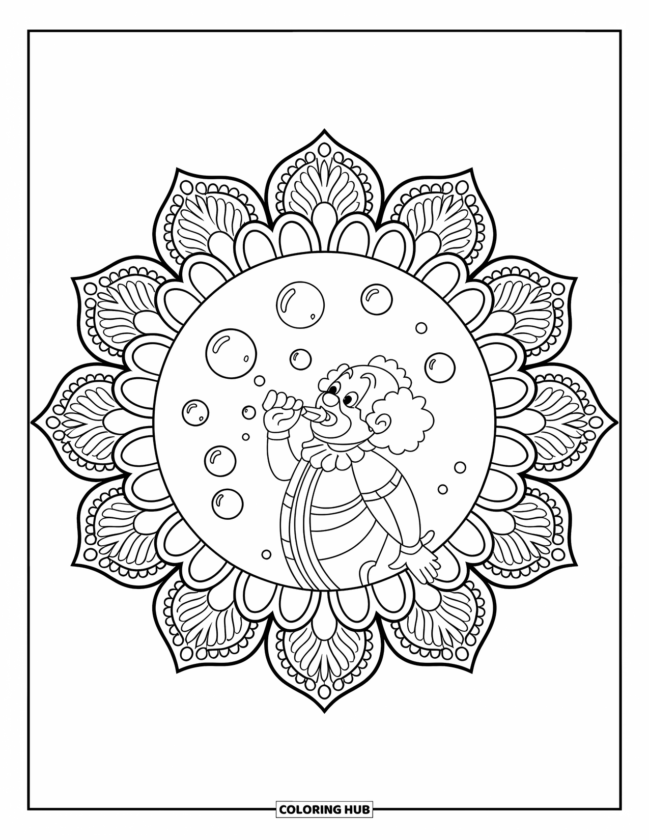 Clown Coloring Page for Adults: A joyful clown stands on stage blowing bubbles among blooming mandala petals