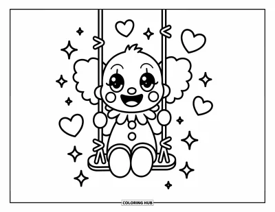 Coloriage de clowns pour adultes : Un clowns aux grands yeux se balance gaiement sous des étincelles et des étoiles