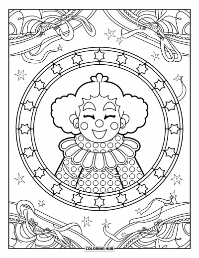 Coloriage de clowns pour adultes : Un clowns joyeux aux joues rondes est assis au cœur de cercles de mandalas étoilés et tourbillonnants