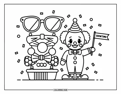 Coloriage de clowns pour adultes : Un clowns fier se tient près d'accessoires amusants et de confettis tombants avec un grand sourire heureux