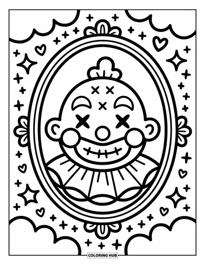 Coloriage de clowns pour adultes : Un clowns aux joues gonflées fait une grimace rigolote dans un miroir entouré de petits cœurs
