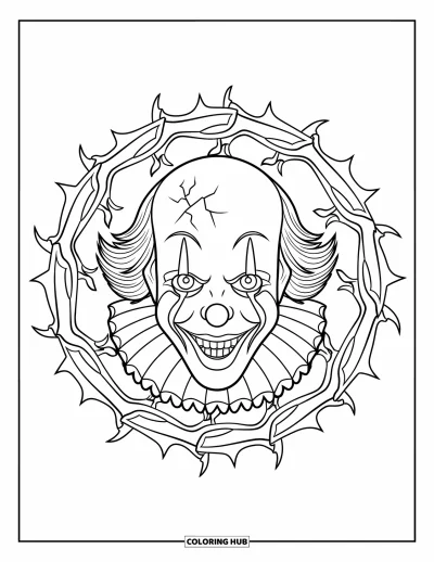 Coloriage de clowns pour adultes : Un clowns terrifiant au masque fissuré apparaît dans un mandala gothique aux lignes acérées