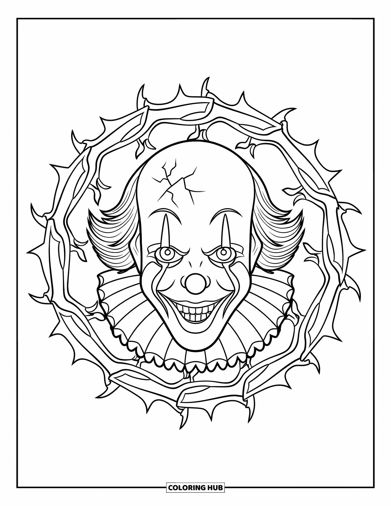 Clown Coloring Page for Adults: A scary clown with a cracked mask appears inside a sharp, gothic mandala