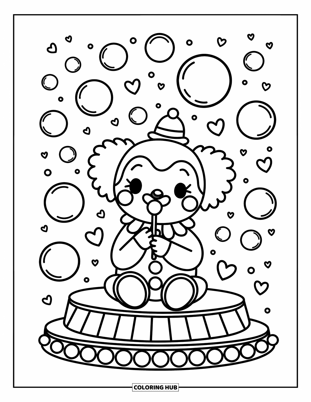 Clown Coloring Page for Adults: A seated clown creates floating bubbles while hearts and music notes dance around