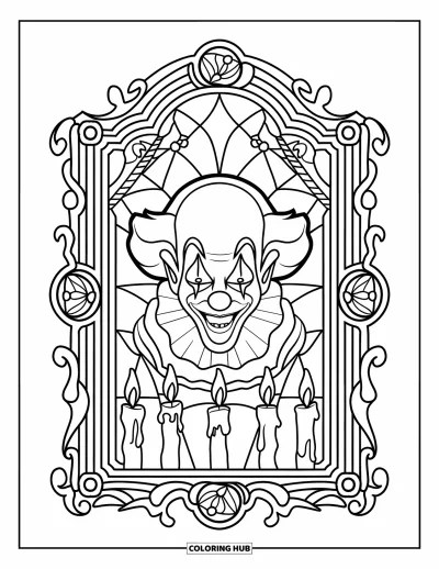 Coloriage de clowns pour adultes : Un clowns sinistre épie à travers un vitrail orné d'icônes de cirque tordues