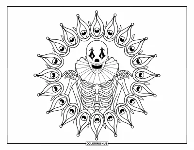 Coloriage de clowns pour adultes : Un clowns squelettique crie en silence dans un mandala audacieux de flammes et d'yeux scrutateurs