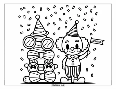 Coloriage de clowns pour adultes : Un clowns souriant se tient près d'accessoires de fête en brandissant un petit drapeau "Showtime"