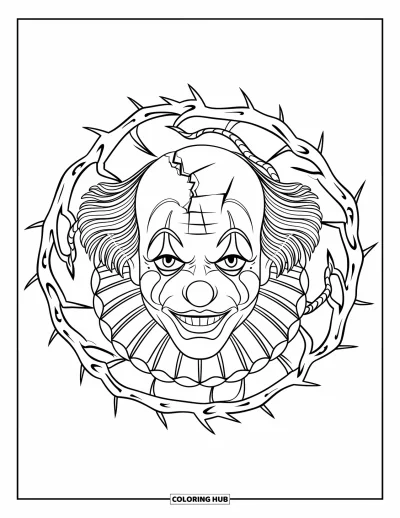 Coloriage de clowns pour adultes : Un visage de clowns effrayant avec des fissures trône au centre d'un mandala épineux