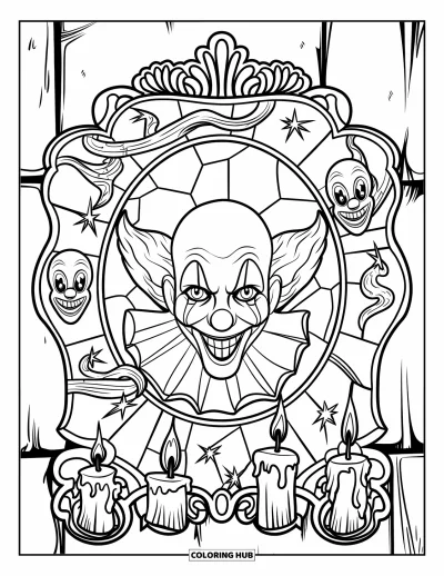 Coloriage de clowns pour adultes : Un clowns inquiétant épie depuis un vitrail encadré de bougies et de motifs de cirque