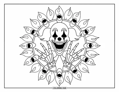 Coloriage de clowns pour adultes : Un clowns inquiétant pose en silence, encadré d'yeux et de lignes de mandala enflammées