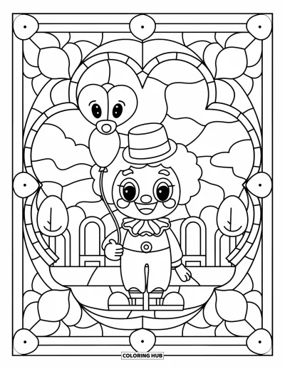 Coloriage de clowns pour adultes : Un doux clowns avec un animal en ballon sourit devant des fenêtres ornées de cœurs