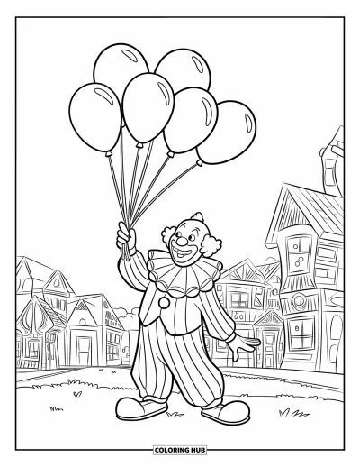 Coloriage de clowns pour enfants : Un clowns chargé de ballons flotte au-dessus de maisons féeriques et de collines verdoyantes