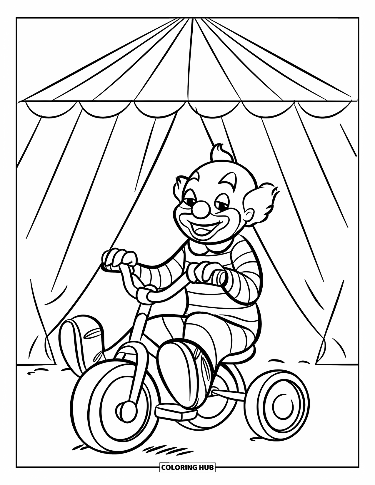 Clown Coloring Page for Kids: A cheerful clown pedals a tiny tricycle inside a circus tent