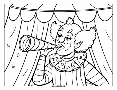 Coloriage de clowns pour enfants : Un clowns souffle dans un sifflet de fête sous un petit chapiteau de cirque