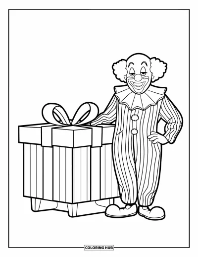 Coloriage de clowns pour enfants : Un clowns tient un ballon à côté d'un grand cadeau emballé