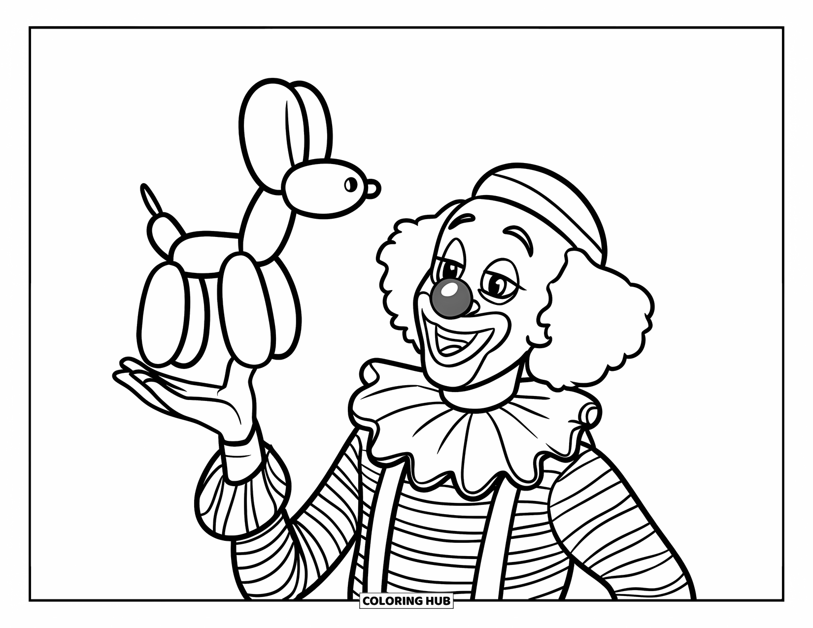 Clown Coloring Page for Kids: A clown holds a balloon dog with a smile on his face
