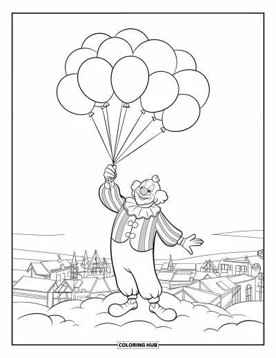 Coloriage de clowns pour enfants : Un clowns tient des ballons en flottant doucement au-dessus d'une petite ville paisible