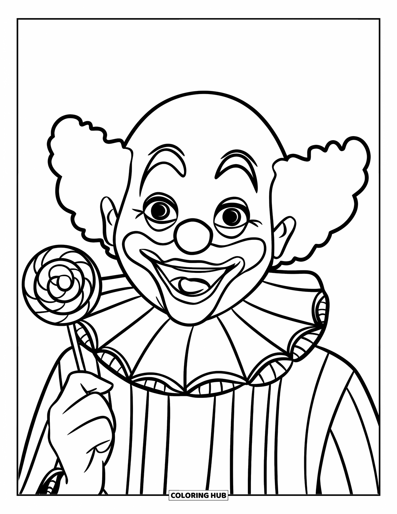 Clown Coloring Page for Kids: A clown in a frilly collar shows off his favorite lollipop