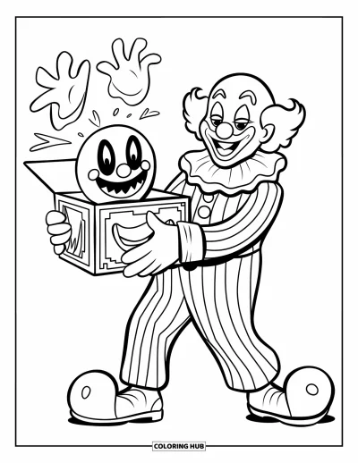 Coloriage de clowns pour enfants : Un clowns en rayures tient un diable à ressort avec une main fantôme souriante