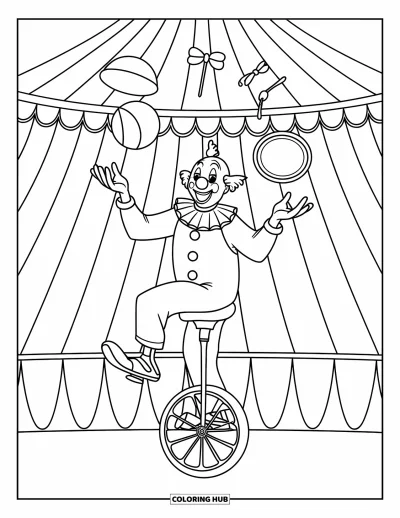 Coloriage de clowns pour enfants : Un clowns jongle et pédale à travers le chapiteau sur un minuscule monocycle