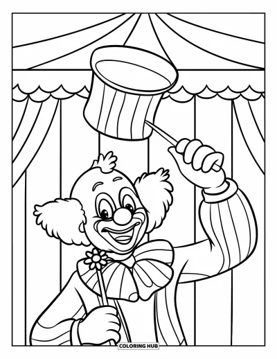 Coloriage de clowns pour enfants : Un clowns tire une fleur d'un chapeau avec sa baguette magique
