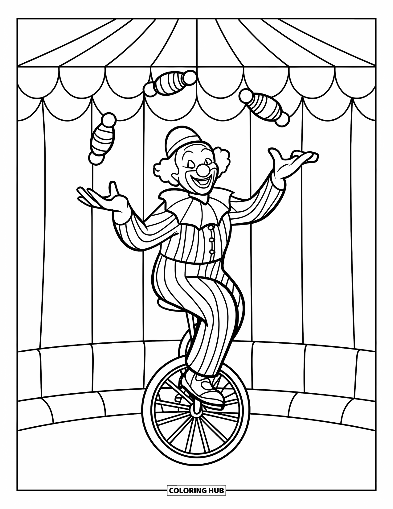 Clown Coloring Page for Kids: A clown rides a unicycle while juggling objects in a circus tent